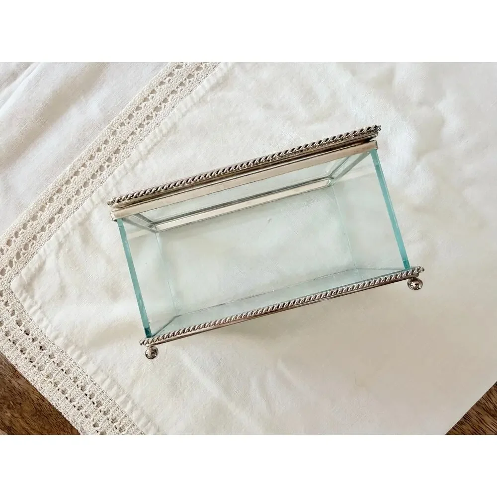 Studio Silversmiths Silver Plated Mirrored Glass Jewelry Box Rope Trim Vintage